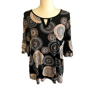 Emi & Joe floral circle blouse quarter sleeve size Large V cutout black orange